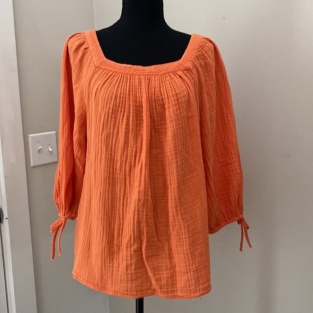 LC Lauren Conrad Womens Coral Orange Embroidered Square Neck Peasant Blouse M